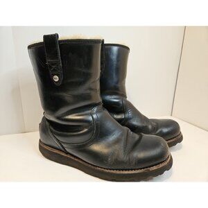 Used UGG Black Leather Pull-On Shearling-Lined Boots